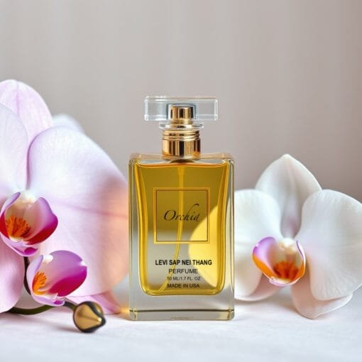 A bootle of Levi Sap Nei Thang Orchid Perfume with Orchid flowers