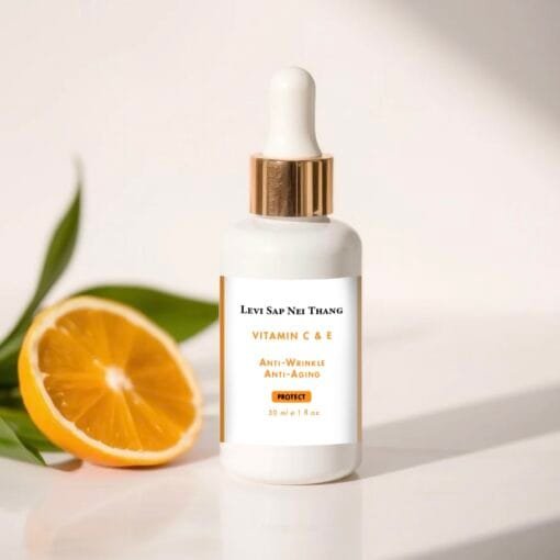 Levi Sap Nei Thang Vitamin C and E Serum in white dropper bottle with gold neck