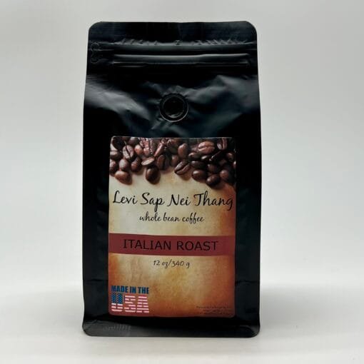 A bag of Levi Sap Nei Thang Whole Bean Coffee Italian Roast